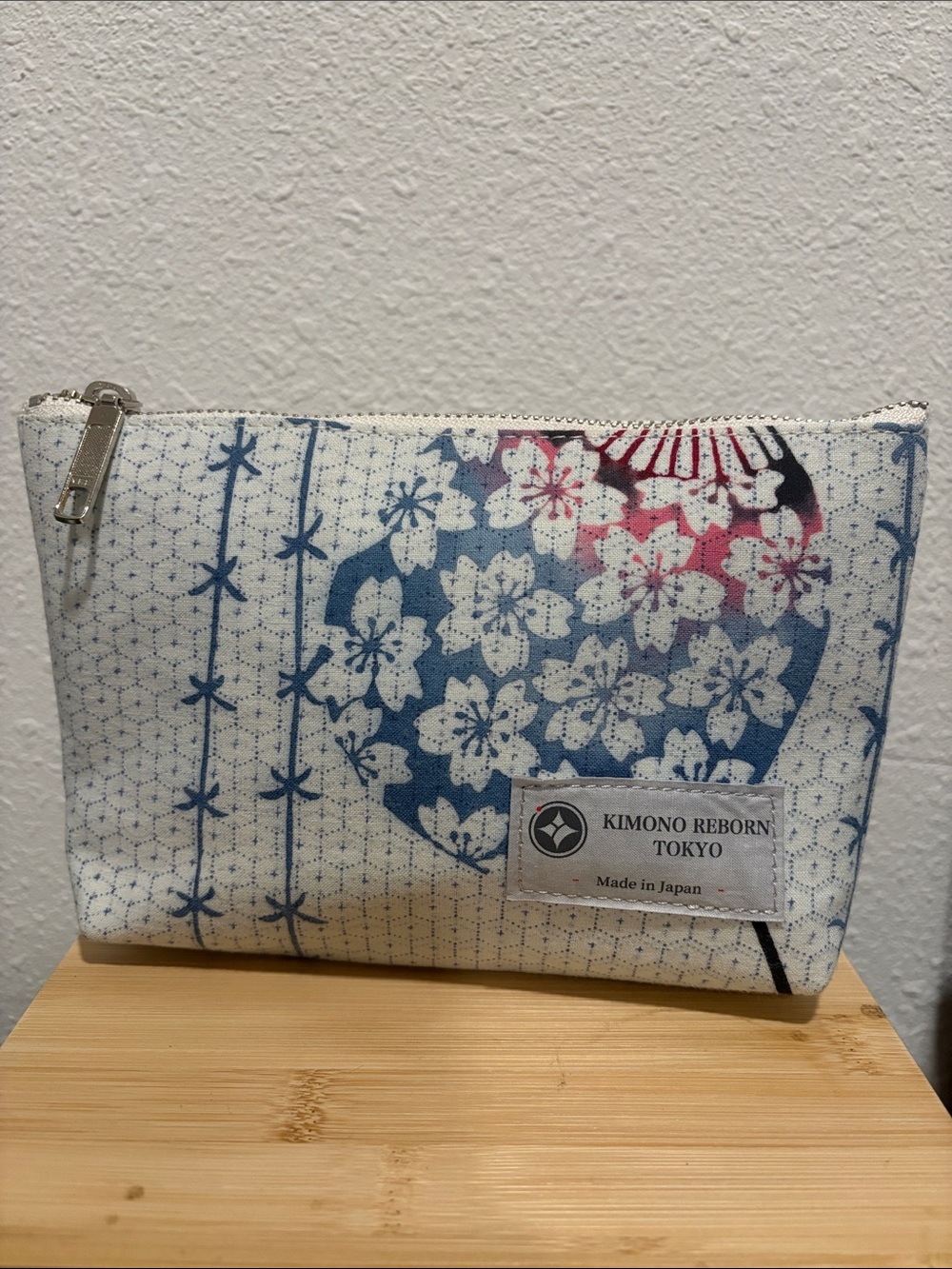 Kimono Reborn Tokyo Sakura Print Cosmetic Pouch - White & Blue